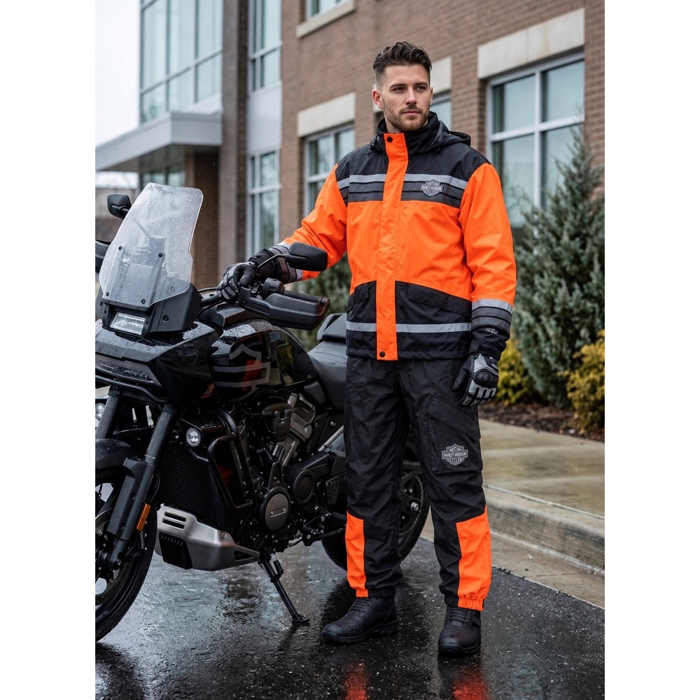 HARLEY-DAVIDSON Men's Unisex Motorcycle L Rain Suit 2pc Reflective Orange Black